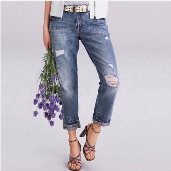 Cabi Womens Boyfriend Jeans Size 2 Distressed Straight Cropped Paint Splatter - Picture 5 of 16